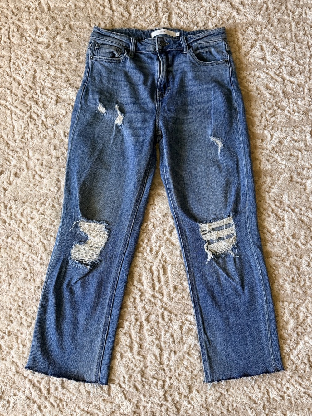 Hidden Ripped Cropped Straight Leg Jeans in Dark Blue